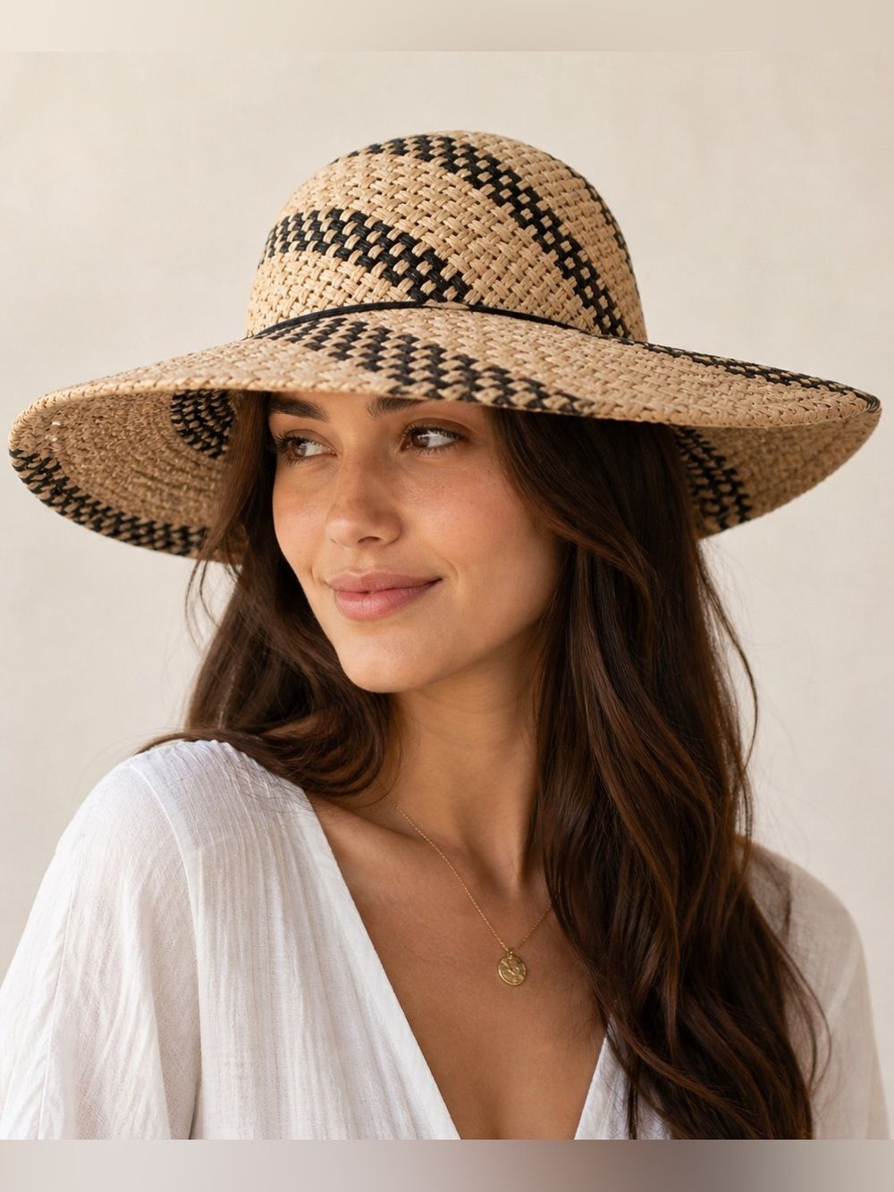 Woven Straw Sombrero Sun Hat Tan Black Accents Mexico OS